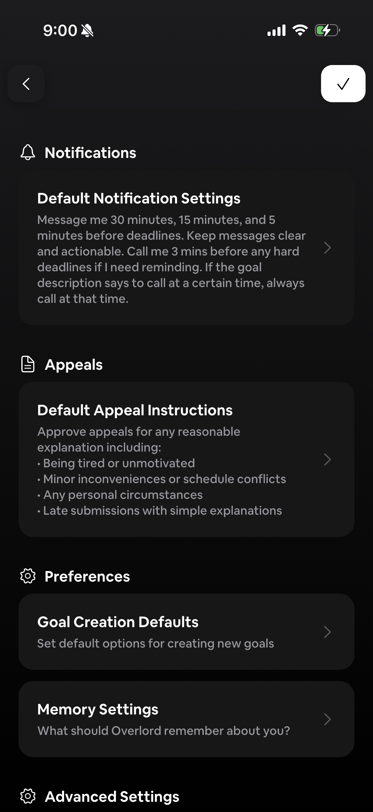 Notifications and Appeals Settings